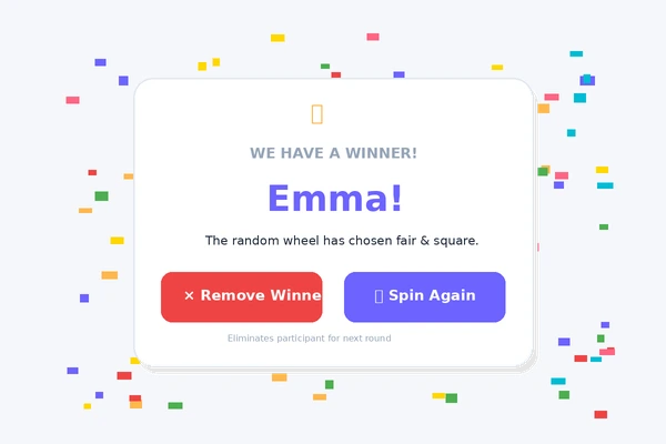 Winner announcement with confetti and remove winner elimination option